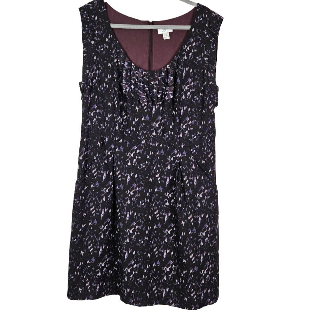 LOFT Black/Purple Abstract Print Pleated Ruffle Neck Cap Sleeve Sheath Dress 14